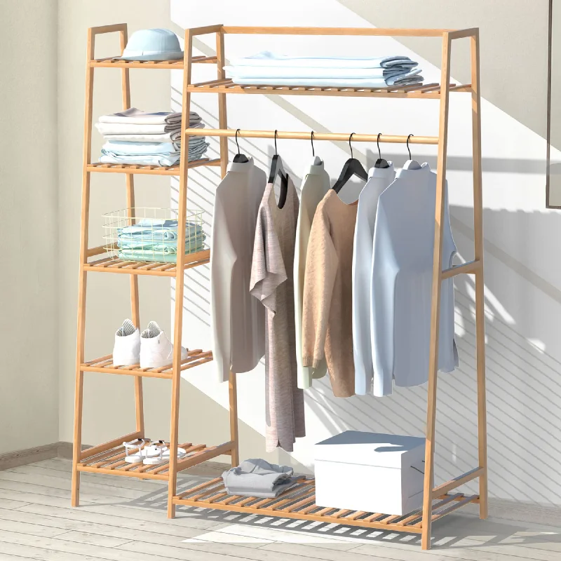 43.5" Bamboo Garment Rack - Free Standing Clothes Coat Hanger, Rolling Closet Organizer with Shoe Rack, Wardrobe Storage Shelves for Hall, Living Room, Bedroom, Office