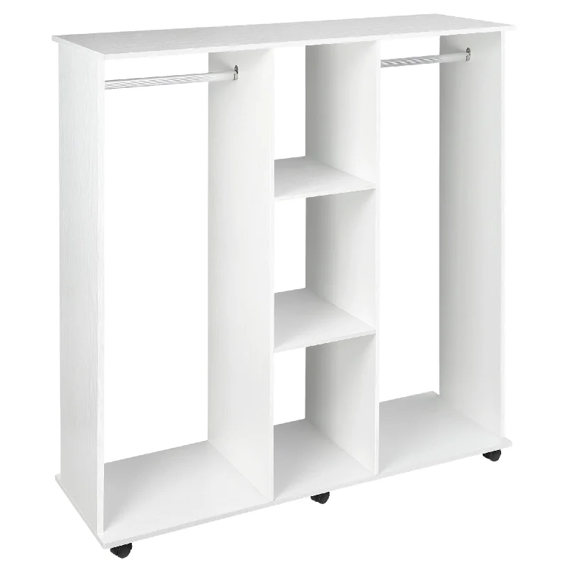 Open Wardrobe Double Mobile Storage Shelves Organizer W/6 Wheels-White