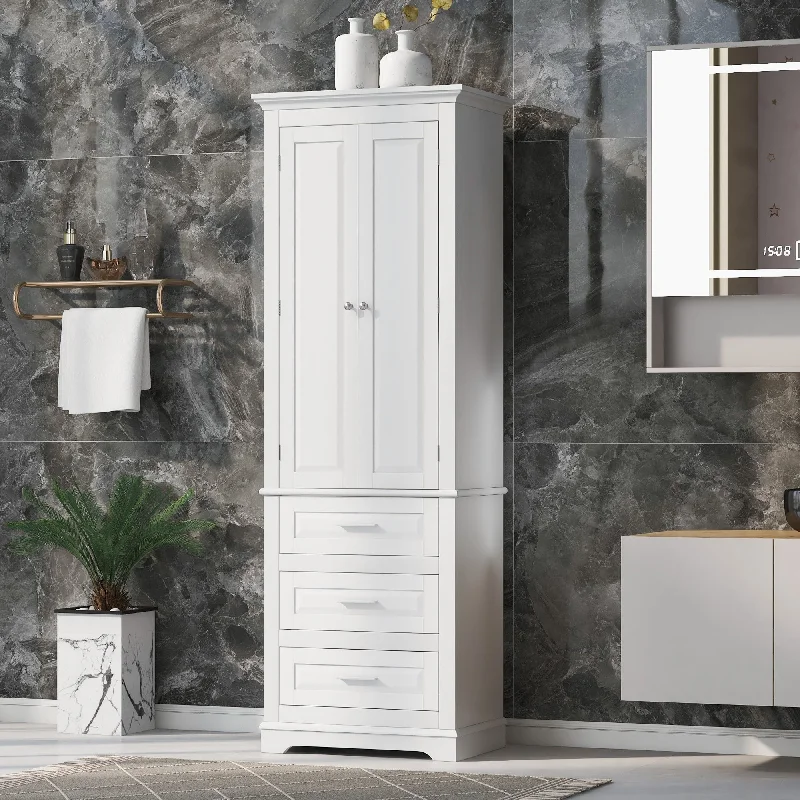 White Hight Kitchen Cabinet Storage Wardrobe with 3 Drawers for Bathroom,Office,Living Room