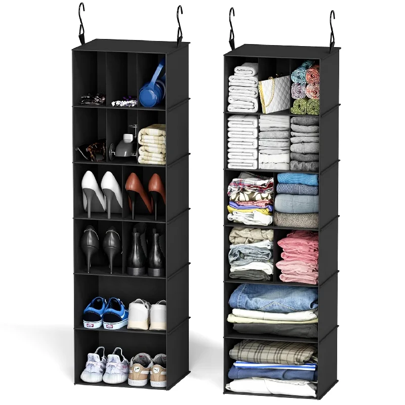 2 Pack Hanging Closet Organizer and Storage with Dividers, 24 Compartments Hanging Shoe Shelves for Closet, Wardrobe, RV, Garment Rack - Black