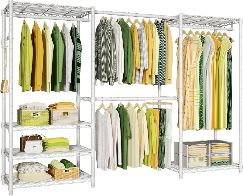 E1 Heavy Duty Closet Garment Rack, 6 Tiers Adjustable Metal Freestanding Expandable Clothing Storage with 4 Hanger Rods, Easy to Assemble Wardrobe, 71.2" H x (69.6" - 86.6") L x 14" D, White