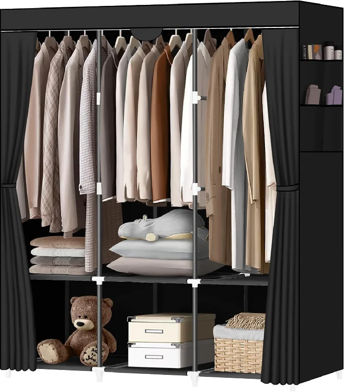 Portable Closet, portable closets for hanging clothes with 3 Hanging Rods and 6 Storage Shelves and 4 Side Pockets, Black Wardrobe Closet Easy to assemble and strong and stable