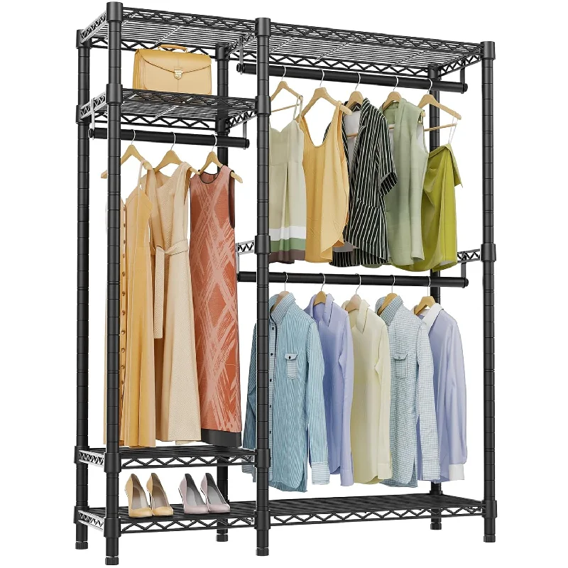 V2S Garment Rack Heavy Duty Commercial Grade Rack, 4 Tiers Adjustable Wire Shelving Clothing Racks with 3 Hanging Rods, Freestanding Closet Metal Wardrobe Closet, Max Load 750LBS, Black