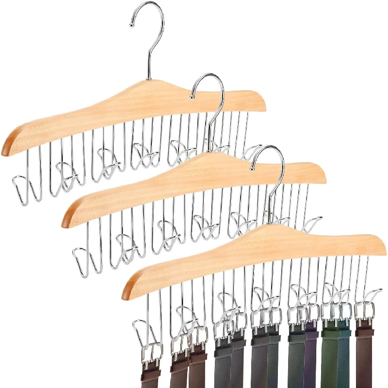 3 Pack Wooden Tie Rack Belt Hanger With 12 Hooks, Wardrobe Tie Holder Hanging Or