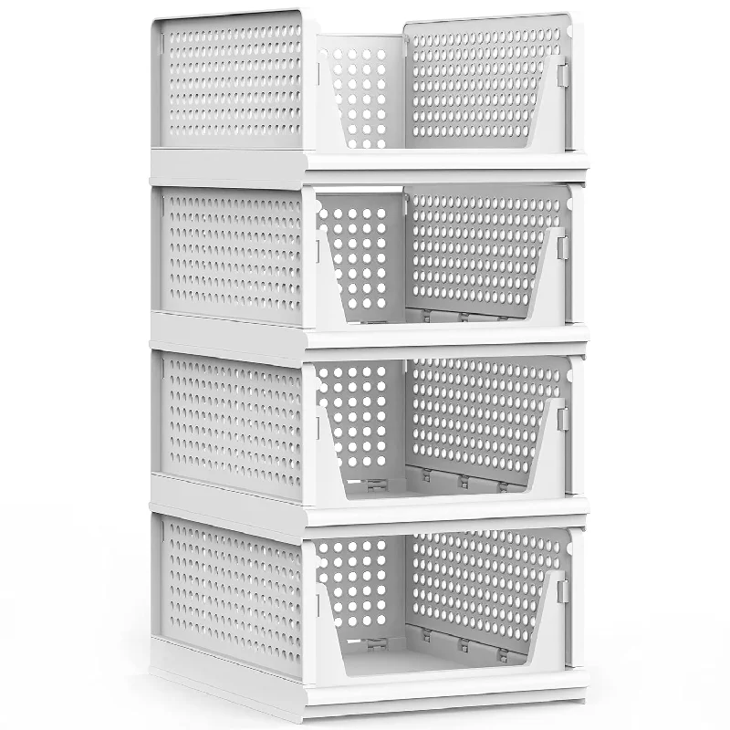 4 Pack Stackable Plastic Storage Basket For Closet Wardrobe Organizer And Storag