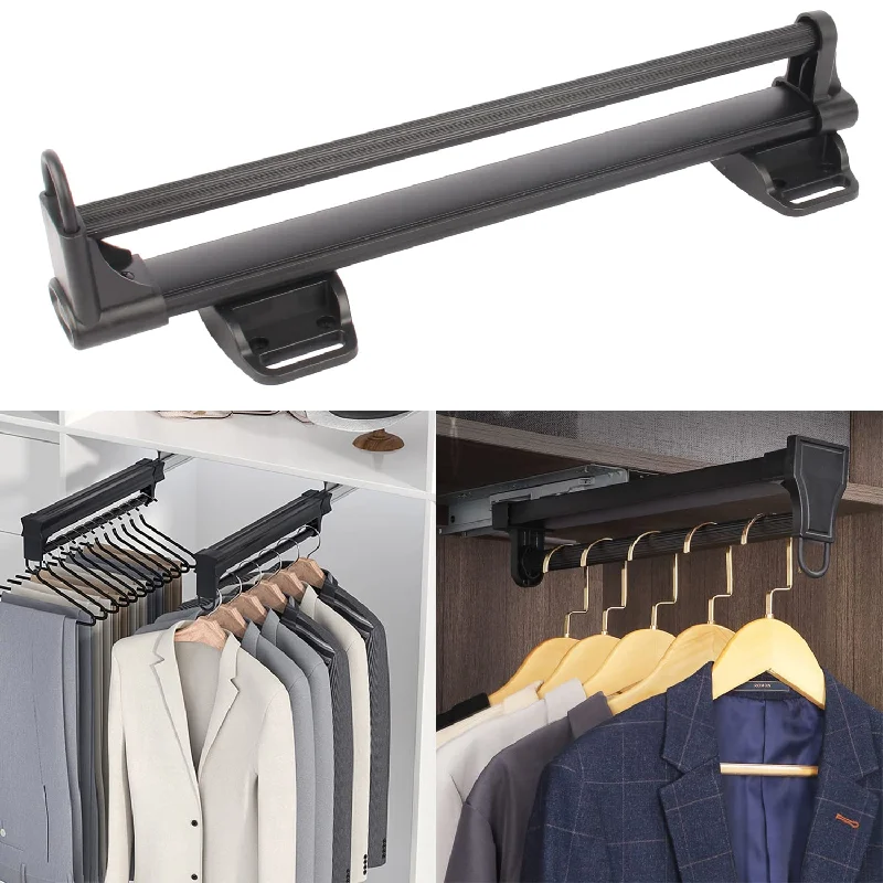 Adjustable Pull-Out Clothes Hanger Rod, Extendable Wardrobe Clothing Rail, Close