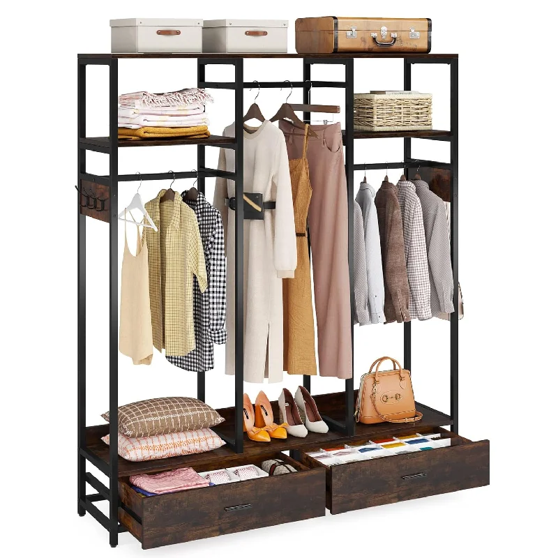 Clothes Rack With 2 Drawer And Shelves, Heavy Duty Wardrobe Closet Rack With 6 H