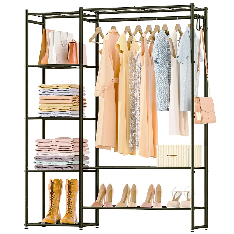 Clothing Rack With Shelves, Portable Wardrobe Closet For Hanging Clothes Rods, F