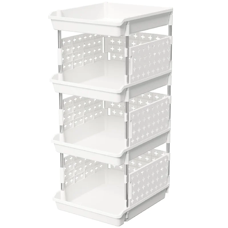 Plastic Stackable Storage Baskets, 4 Tier Stacking Bins For Closet Wardrobe, Pla