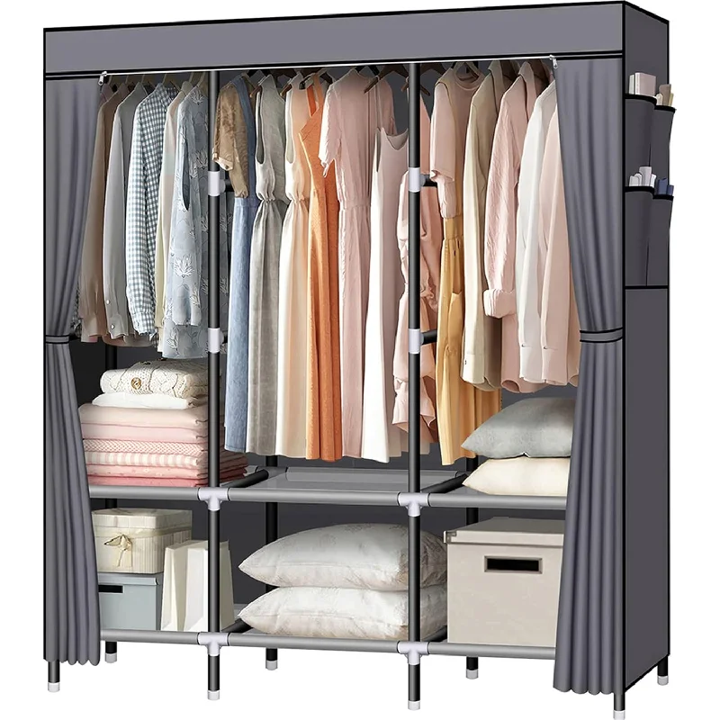 Portable Closet, 61-Inch Portable Wardrobe With 3 Hanging Rods And 6 Storage She