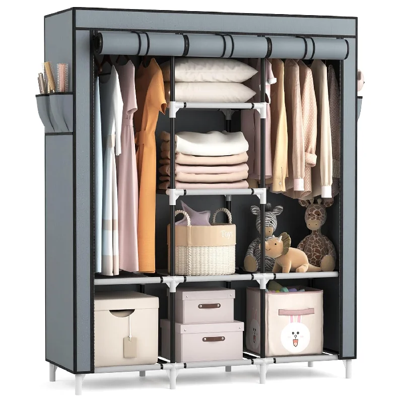 Portable Closet Wardrobe For Hanging Clothes With 2 Hanging Rods And 8 Storage O