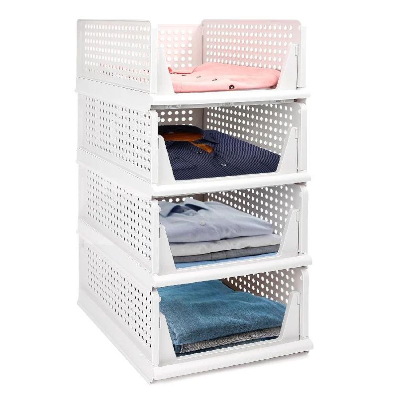 Stackable Stackable Plastic Storage Baskets, 4 Pack Wardrobe Clothes Organizer A