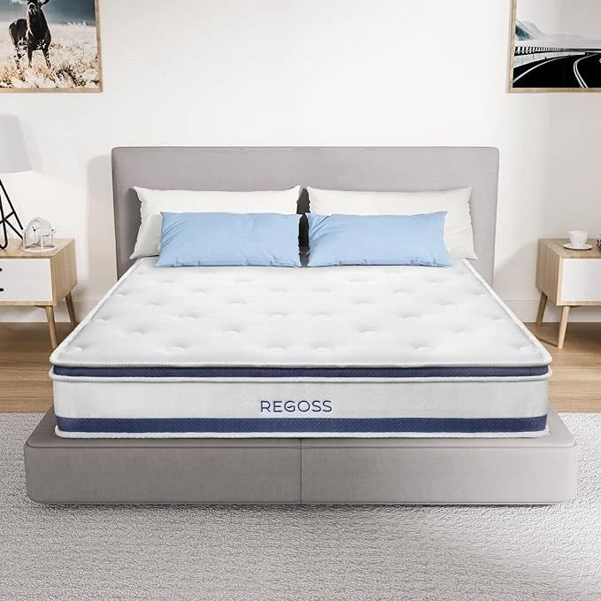 10 in. Cotton Medium Hybrid Mattress Euro Top in a Box,White Blue