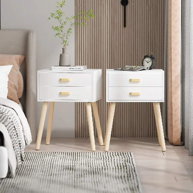 2pcs Nightstands White Storage Bedside Table with Double Drawer