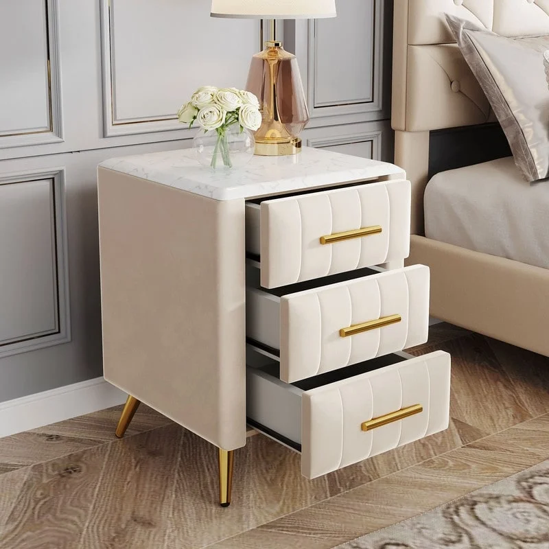 3 Drawer Nightstand Upholstered Night Stand with Metal Legs&Handles, Velvet Bedside Table Sofa Side Table with Marbling Worktop