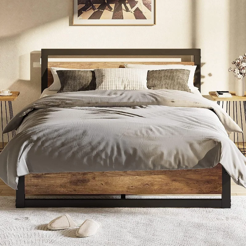 Bed Frame Platform with Headboard, No Box Spring Needed, Load Up to 700Lbs, Rustic Brown