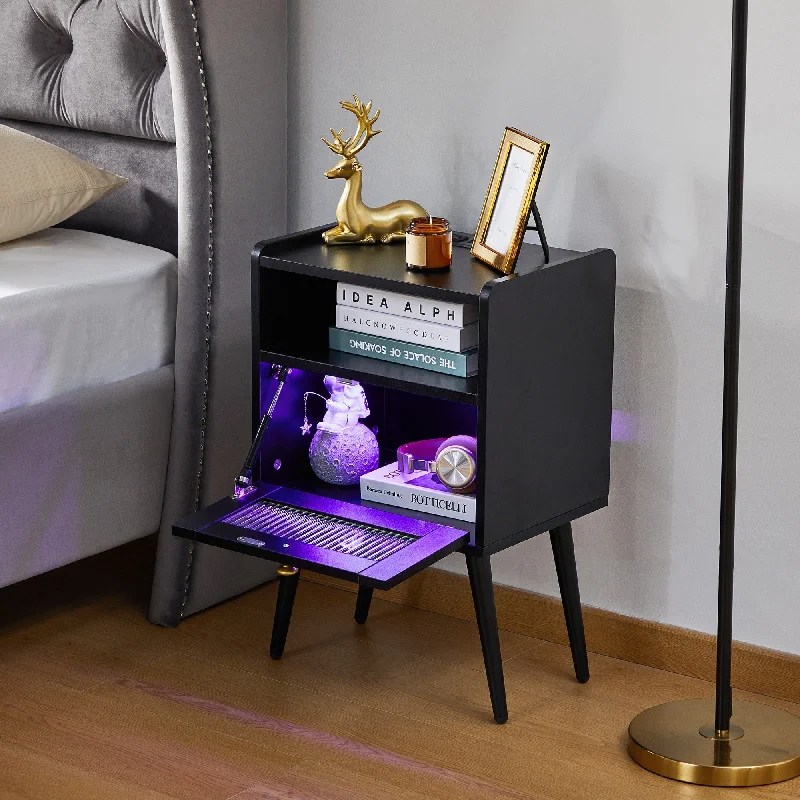 Bedroom Bedside Cabinet Storage Cabinet with Glass Door, Sofa Side Table Corner Table with Charging Station and LED