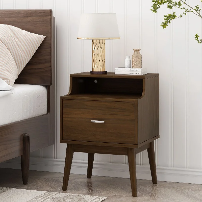 Bedroom Nightstand with Splayed Legs and Open Shelves, Simple Living Room Side Table Coffee Table with Drawers