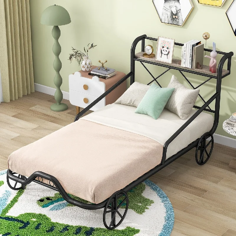 Black Metal Twin Size Car Bed with Safety Guardrails, X-Shaped Shelf, Four Wheels, Storage Shelf, Sturdy Construction