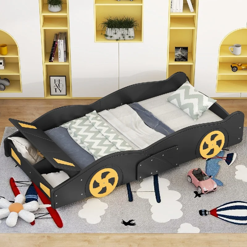 Black Twin Race Car Platform Bed with Hidden Storage