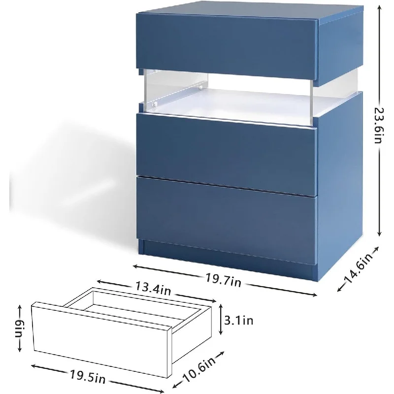 Blue Bedside Cabinet Dresser LED Nightstand with 3 Drawers