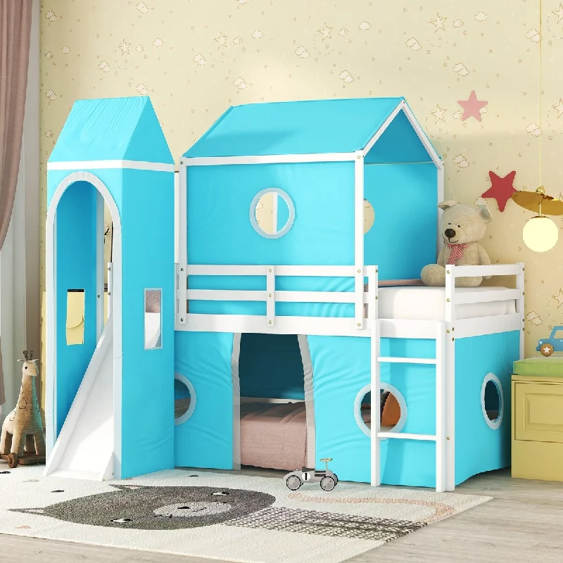 Blue Solid Wood Bunk Bed Frame, Semi-enclosed Twin Size Playhouse Bed Frame with Slide Ladder & Tent and Tower for Kids