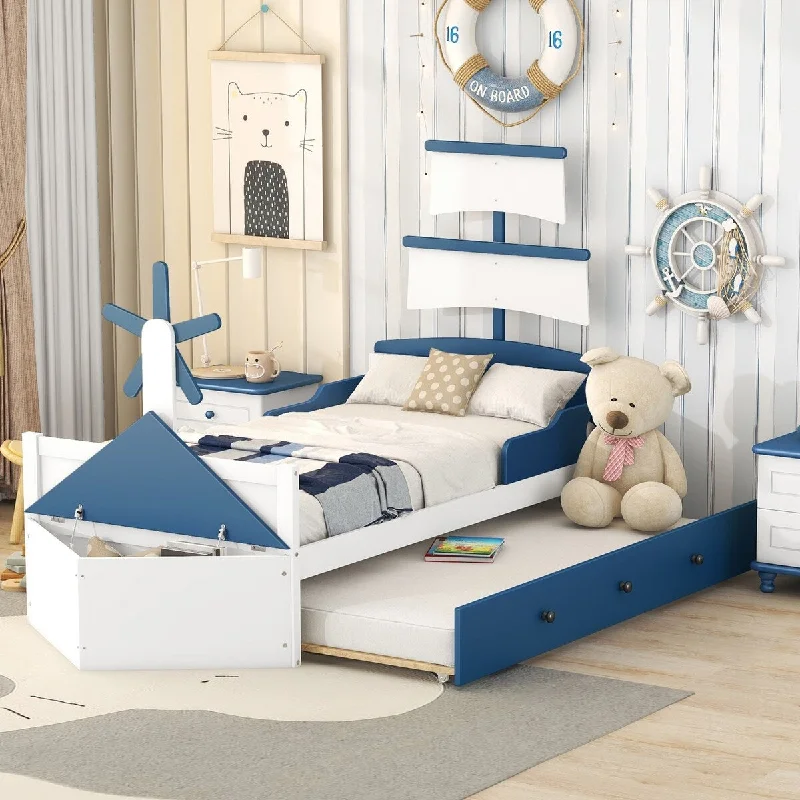 Blue Twin Size Boat-Shaped Platform Bed with Twin size Trundle, Storage Space, Guardrail, High-Quality Pine Wood