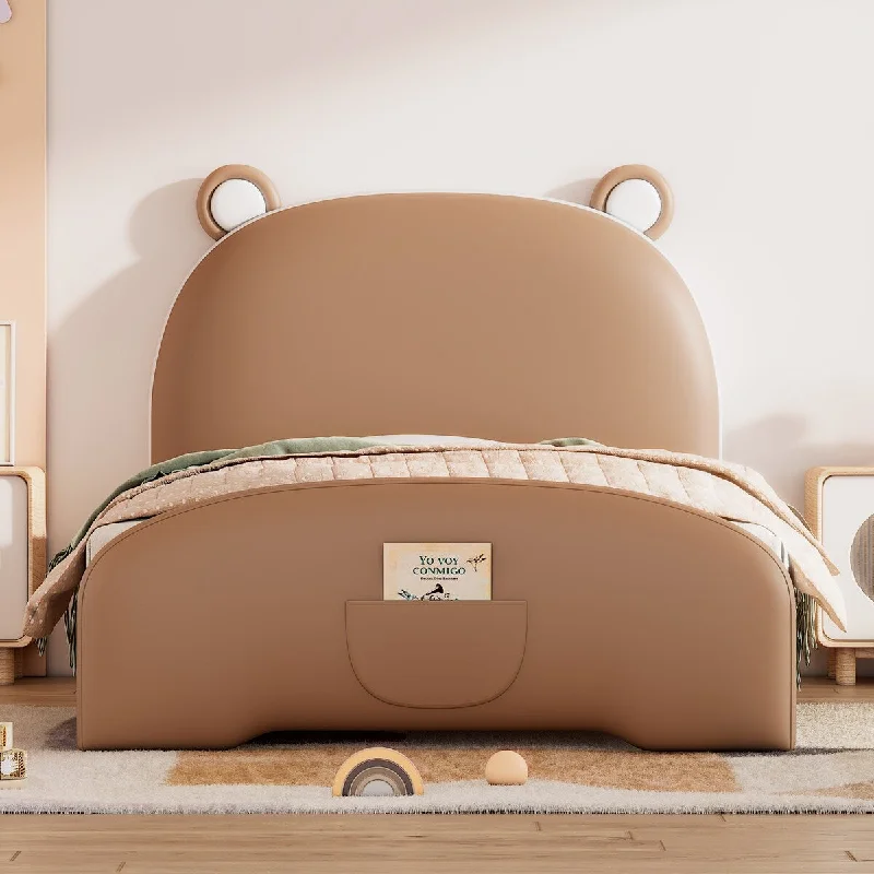 Brown Bear-shaped Twin Platform Bed with Storage Pocket