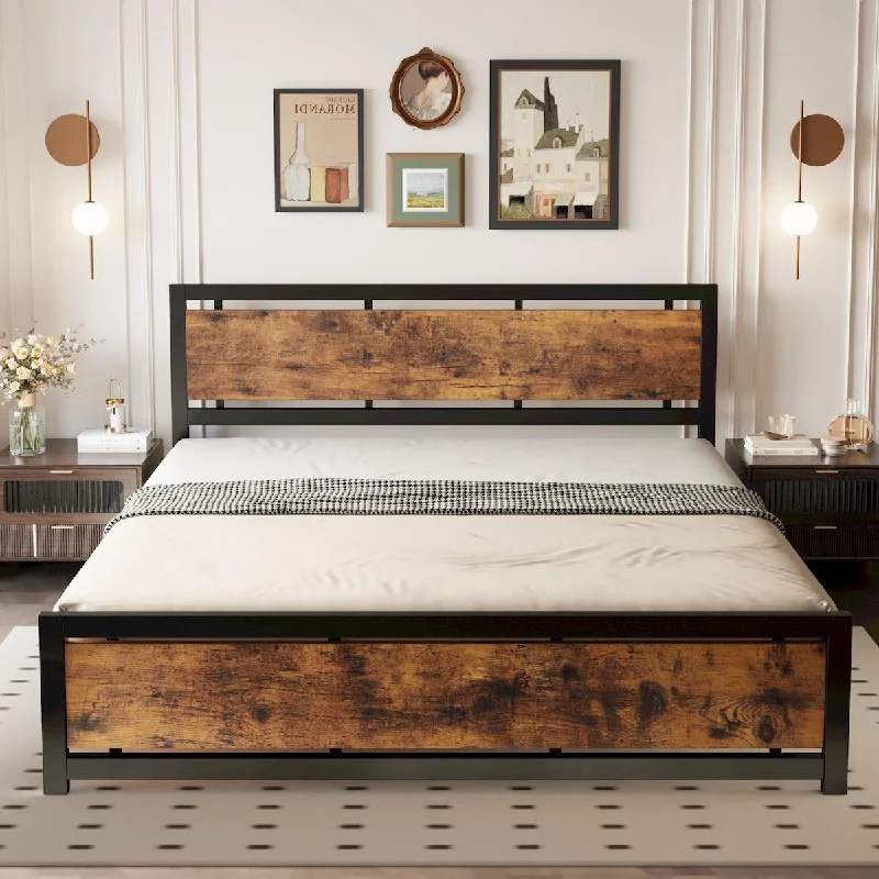 California King Platform Bed with Headboard, Strong Metal Frame, Easy Assembly, Noise-Free, No Box Spring Needed, Vintage Brown