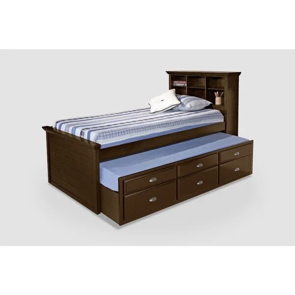 Cherry Bookcase Twin Size Captains Bed with Trundle and Storage Drawers.