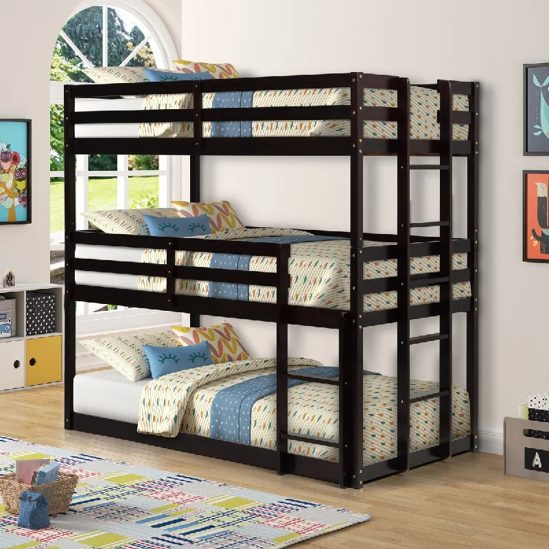 Elegance Triple Bunk Bed with Ladders, Solid Wood Bed Twin-Twin-Twin Detachable Bed Space-saving Design, Espresso