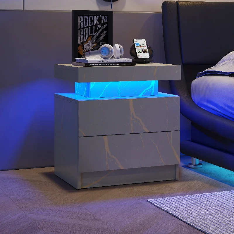 End Table Office Silver Bedside Table, Bedroom Night Stand Cabinet with Multi-color Adjustable LED Light & 2 Drawers Nightstand