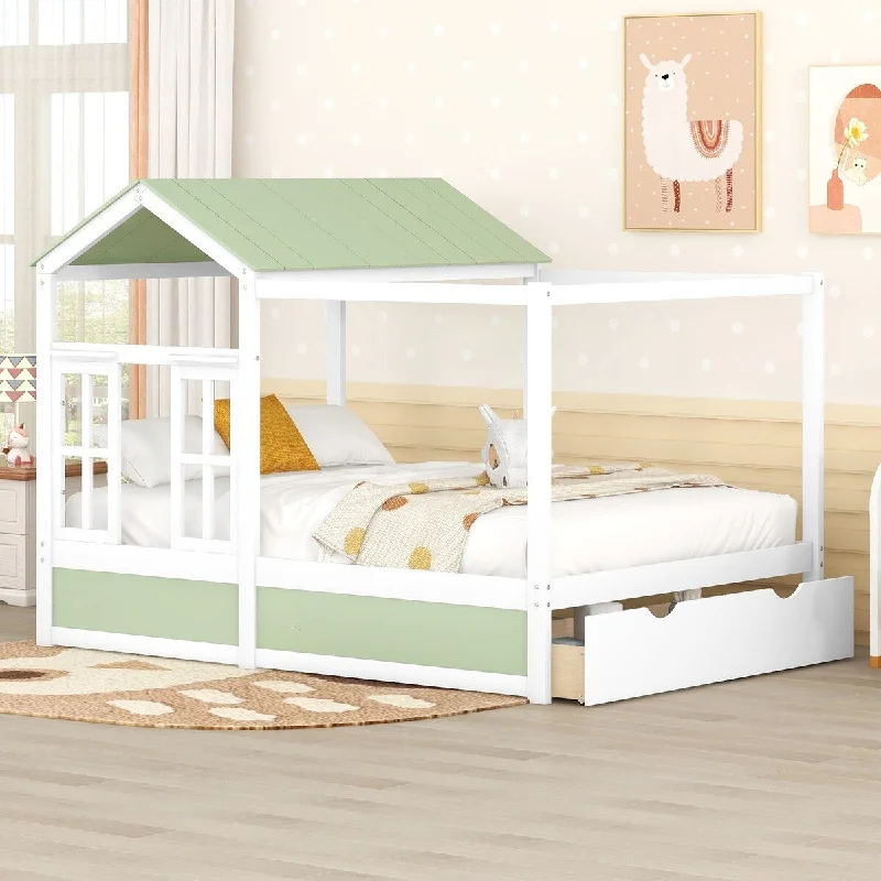 Farmhouse Full Bed with Spacious Drawer, Roof and Window Design, Solid Wood Slats