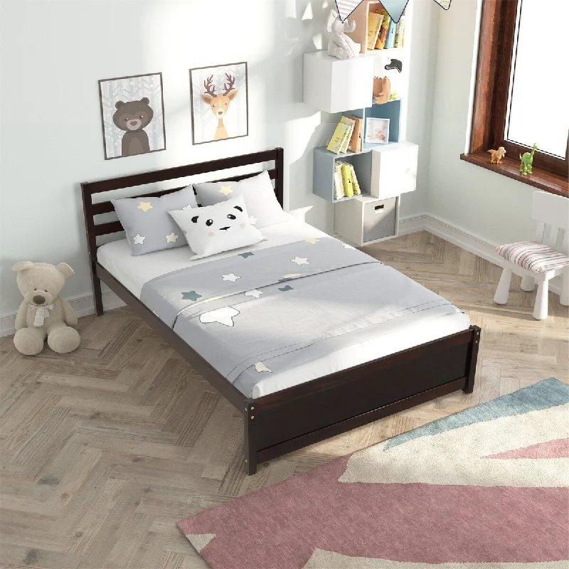 Full Bed Wood Bed Frame Platform Bed Frame with Headboard, White