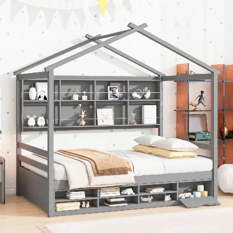 Full House Bed with Roof Frame, Bedside-shelves, Under Bed Storage Unit