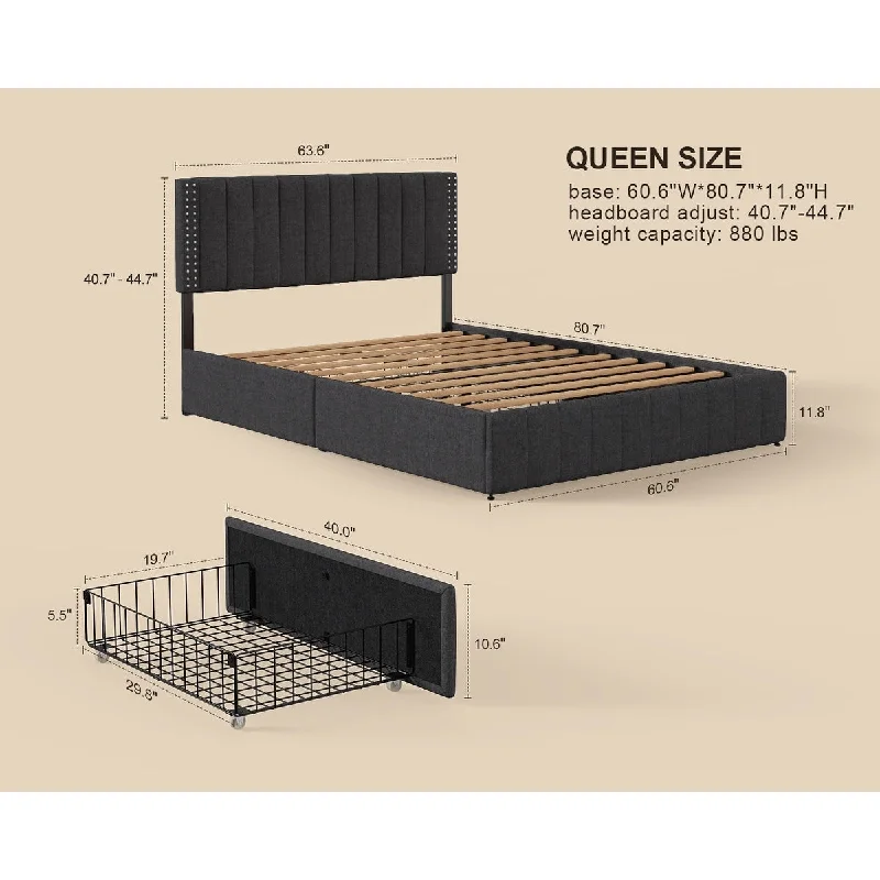 Full/ Queen Platform Bed Frame with 4 Storage Drawers Adjustable