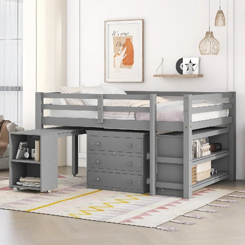 Full Size Low Study Bed Frame, Multiple Functions Loft Bed Frame with Cabinet, Shelves and Rolling Portable Desk, Grey