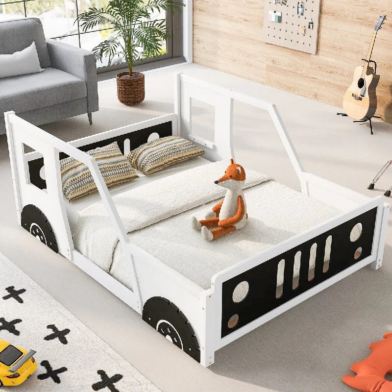 Full Size Pine Wood Classic Car-Shaped Platform Bed with Wheels, Car Doors and Guardrails, Sturdy Frame, Easy Assembly