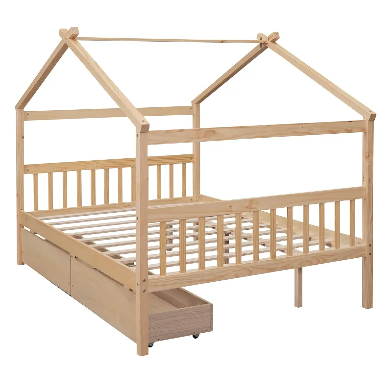 Full Size Wooden House Bed with Drawers