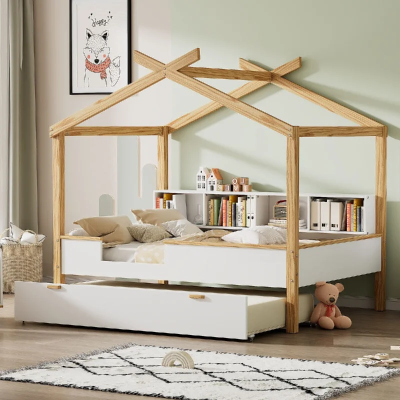 Full Size Wooden House Bed with Original Wood Colored Frame Twin Size Trundle and Bookshelf Storage Space