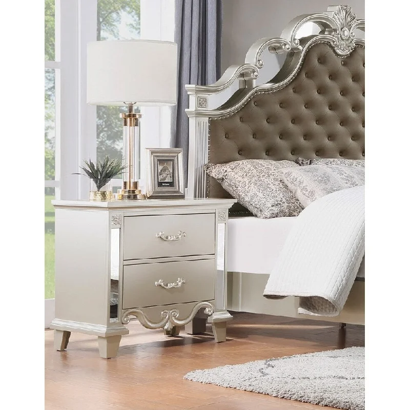 Glamorous Champagne Finish Nightstand of 2 Drawers Textural Panels Mirror Trim Traditional Furniture 1pc Bedside Cabinet