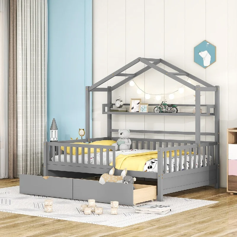 Gray Full House Bed with 2 Drawers, Shelf, Roof, Pine Frame