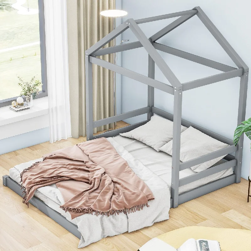 Gray Pine Full House Bed with Guardrail, Easy Assembly