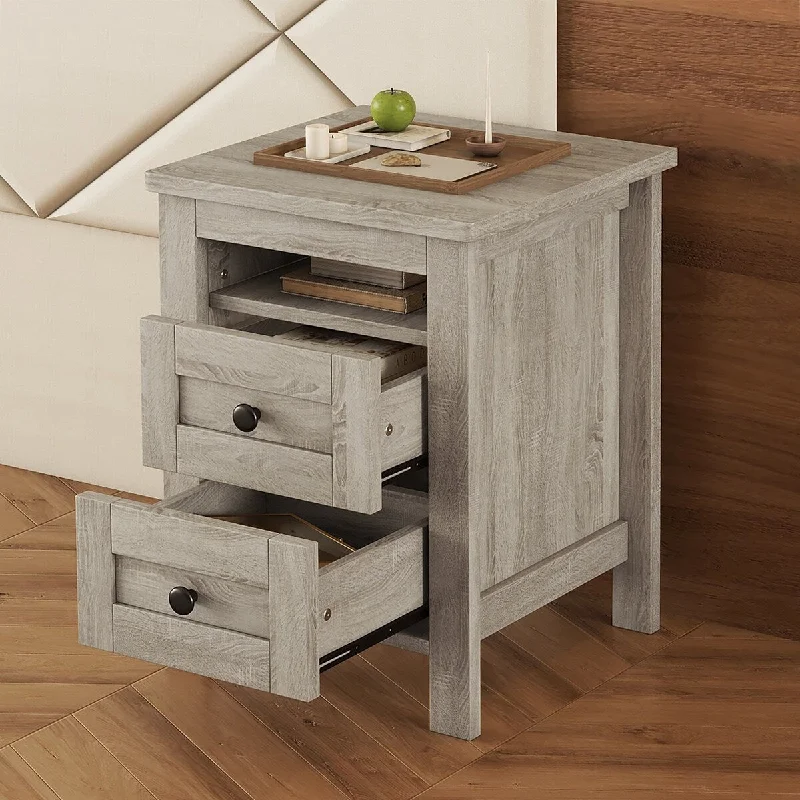 Gray Side Table Bedside Cabinet 2 Drawers Nightstand w/ Open Shelf