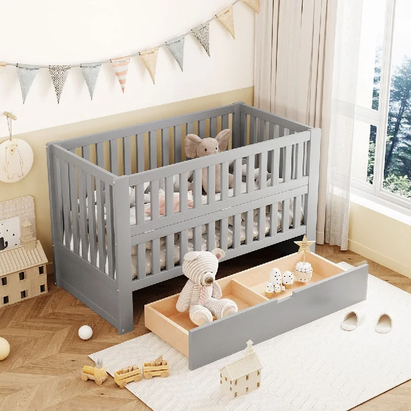 Gray Solid Wood 2-in-1 Convertible Crib with Drawers, Adjustable Height, Converts to Toddler Bed, Space-saving