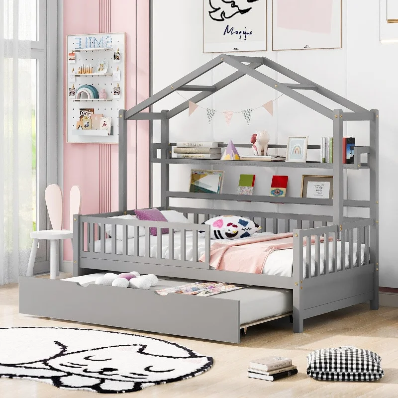 Gray Twin Size House Platform Bed with Trundle, Shelf, Roof, Semi-Enclosed Space, Sturdy Pinewood Frame, Space-saving