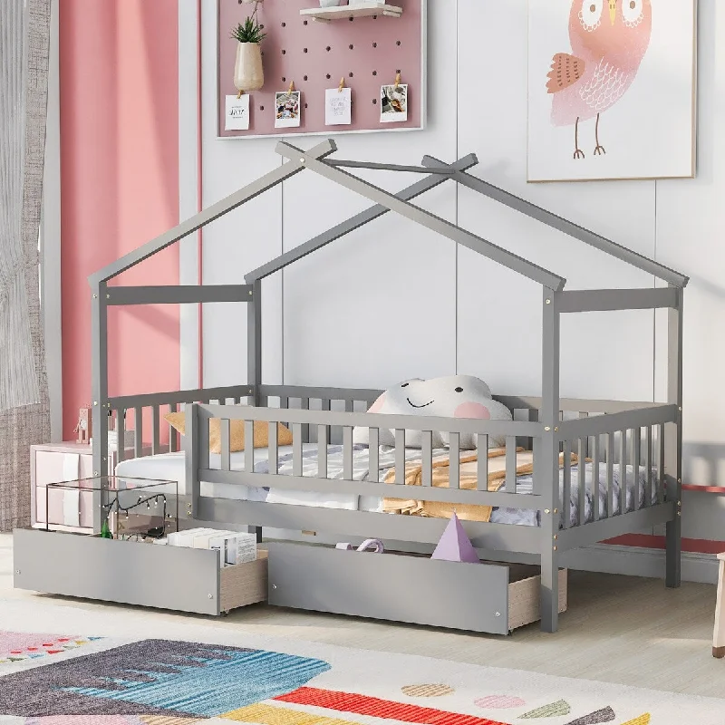 Gray Twin Size Wooden House Bed with Two Drawers and Guardrail, Imaginative Sky Roof, Spacious Storage, Solid Pine Construction