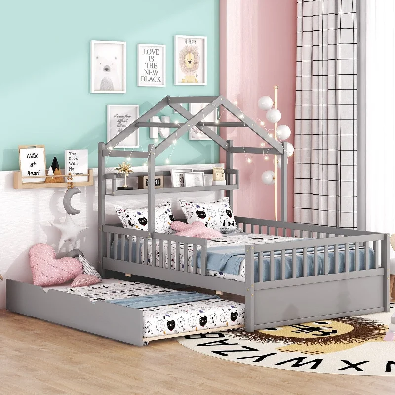 Gray Wooden Full Size House Bed with Twin Size Trundle, Playhouse Design, Shelf Compartment, Sturdy Pine Frame