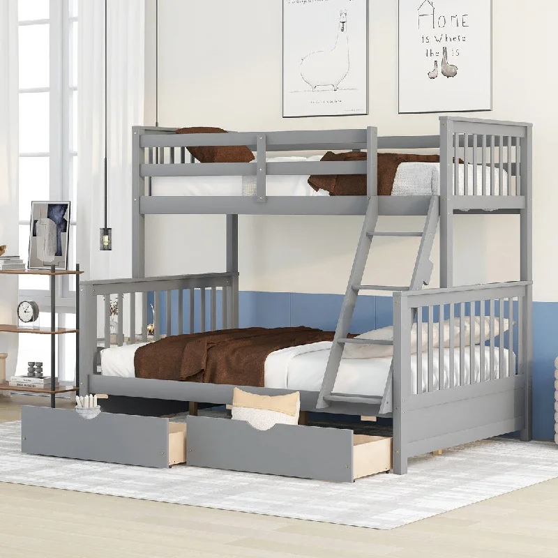 Grey Wooden Bunk Bed Frame, Twin over Full Storage Bed Frame with Ladders and 2 Drawers, No Box Spring Required