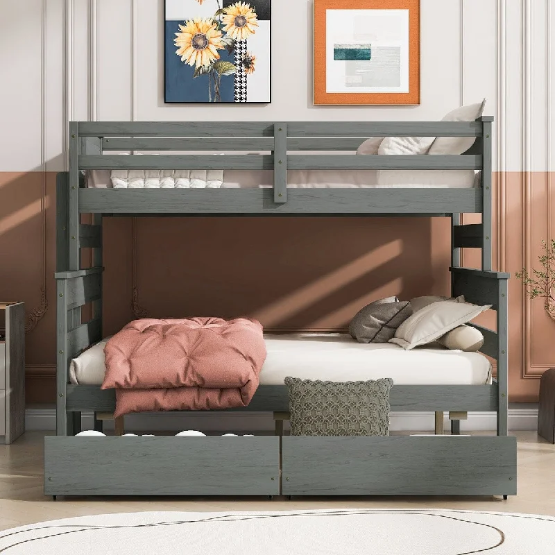 Grey Wooden Twin over Full Bunk Bed Frame w/ 2 Storage Drawers